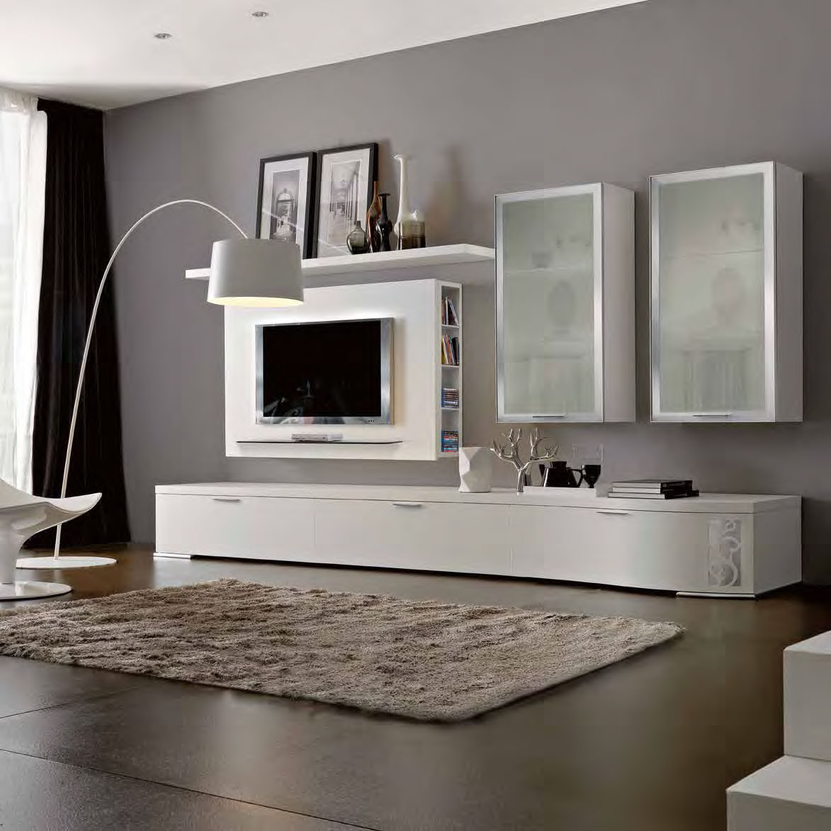 Мебель в гостиную в современном стиле светлая с тумбой под телевизор